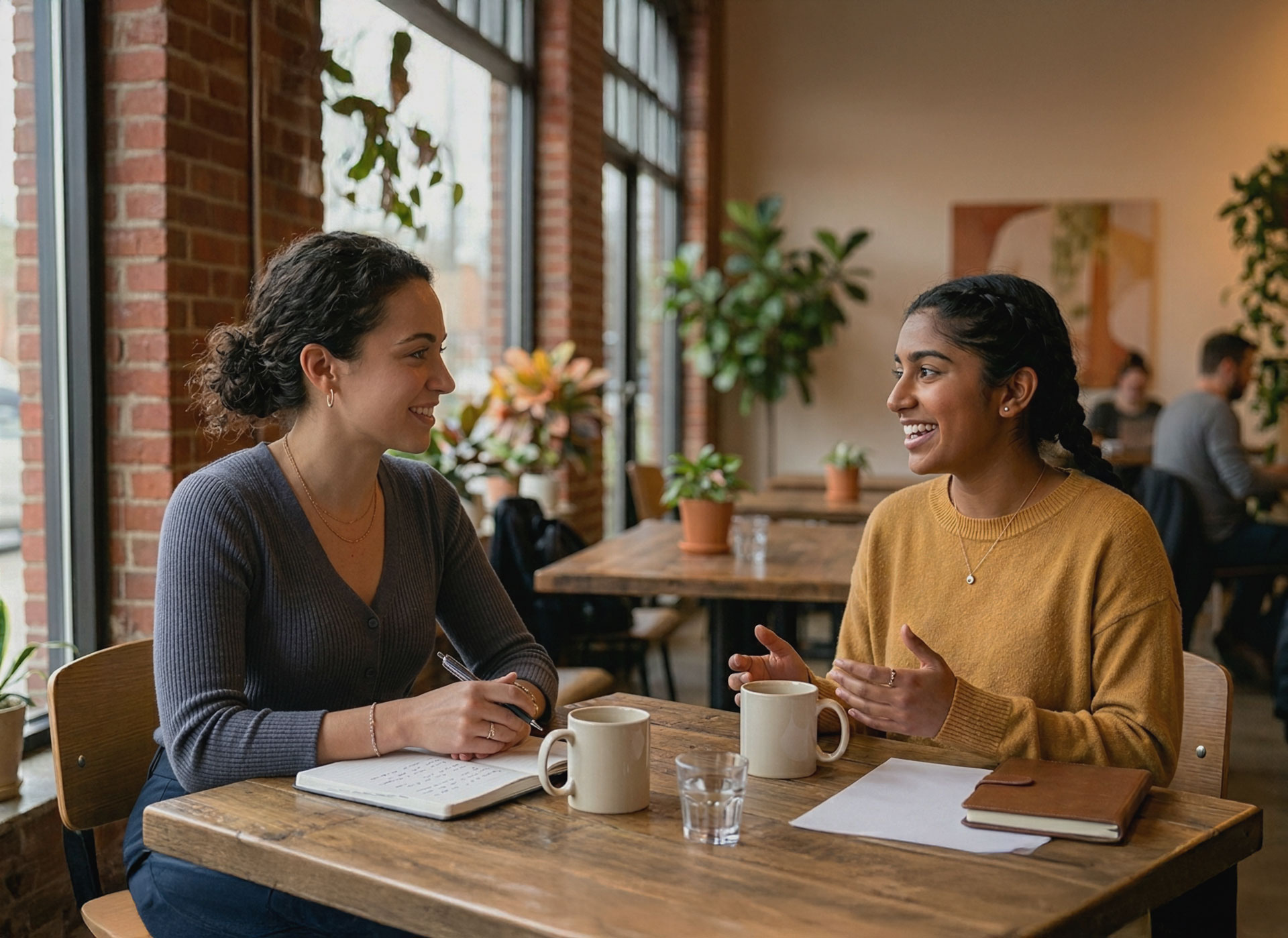 Early-career hiring expert talking with a student over coffee